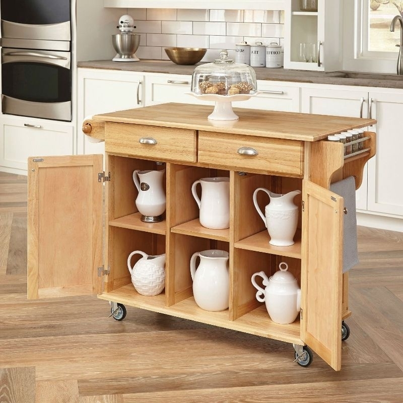 Natural Wood Kitchen Island Cart with Slatted Shelves and Locking Casters