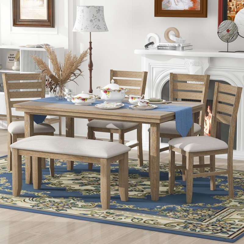 Natural Wood Kitchen Table Set with Upholstered Slat Back Chairs