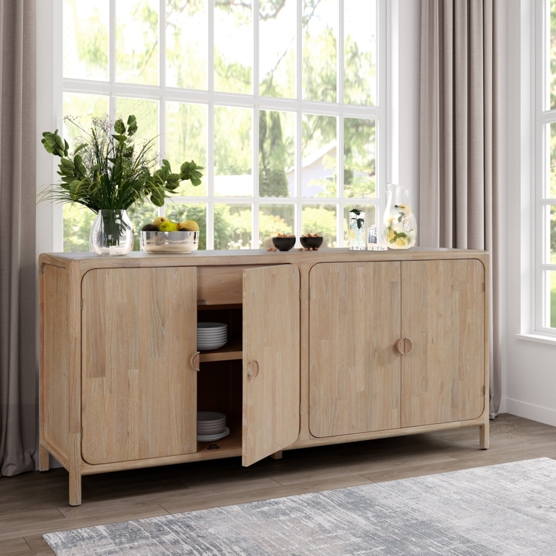 Natural Wood Ribbed Sideboard with Black Metal Legs, 4-Door Buffet