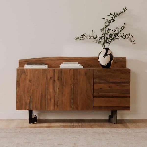 Natural Wood Sideboard Buffet with Live Edge Details and Iron Base