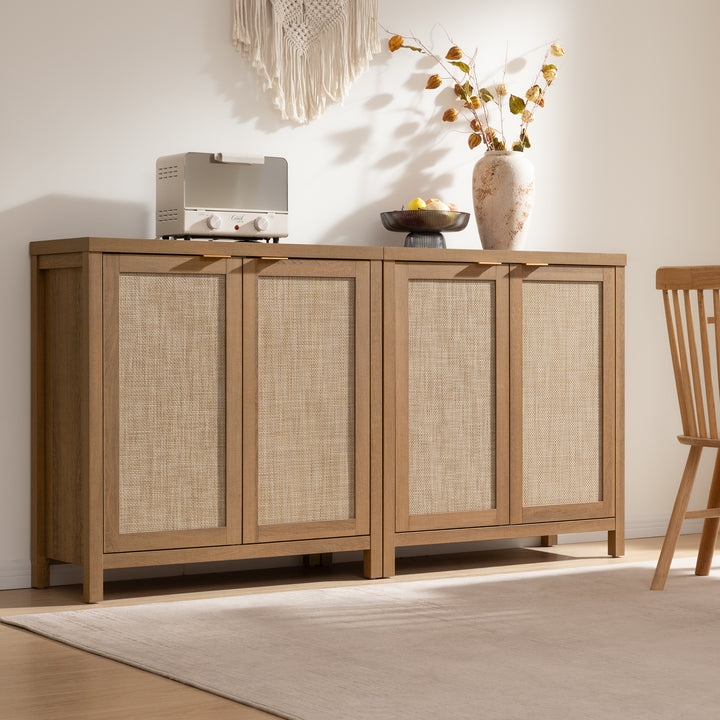 Natural Wood Sideboard with Cane Panels and Circular Knobs