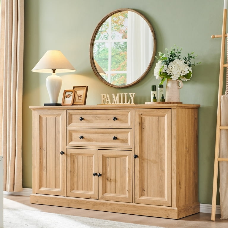 Natural Wood Sideboard with Grooved Doors & Six Legs