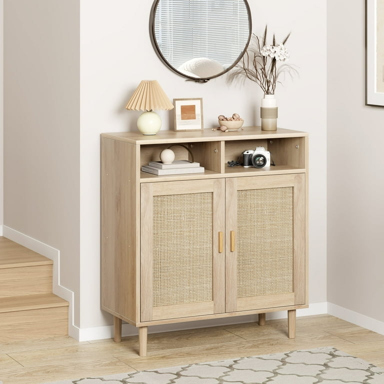 Natural Wood Sideboard with Rattan Door Panels and Tapered Black Legs