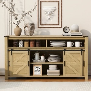 Natural Wood Sideboard with Sliding Barn Door and Mesh Panels