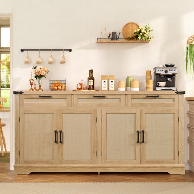 Natural Wood Sideboard with Vertical Slatted Doors and Black Pulls
