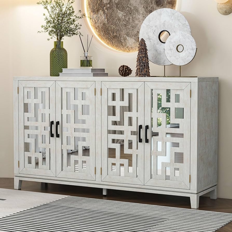 Natural Wood Wash Storage Cabinet Mirrored Circular Overlay