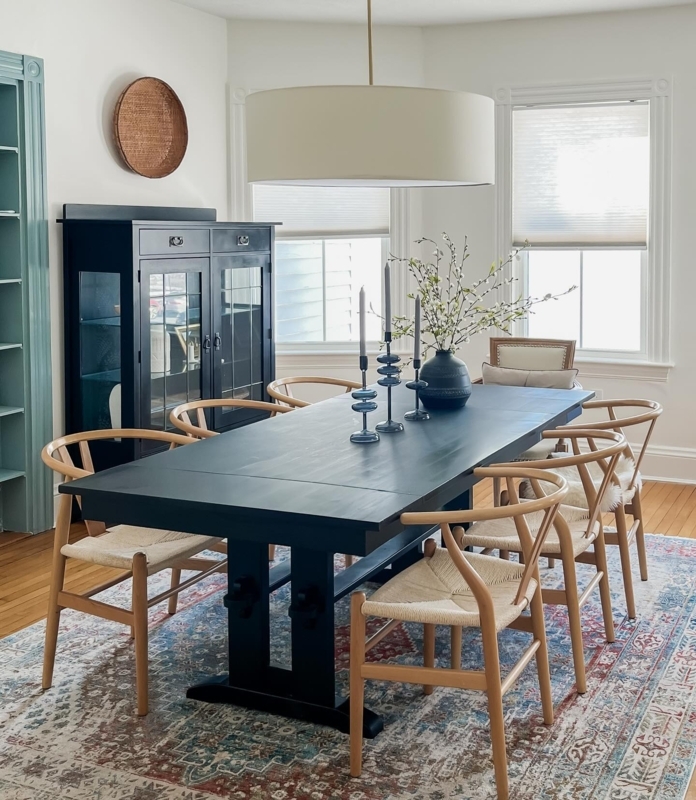 Natural Wood Wishbone Dining Chair with Woven Paper Cord Seat Surface.