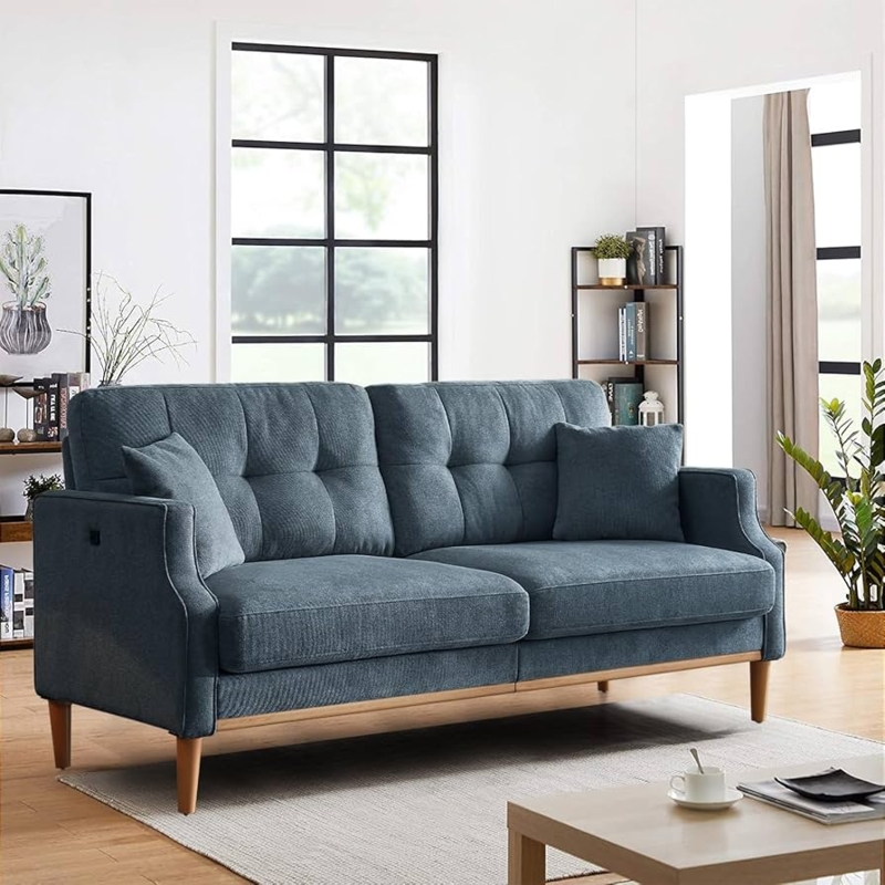 Navy Blue Button Tufted Loveseat with Rolled Arms & Tapered Legs