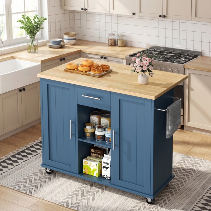 Navy Blue Kitchen Island Cart on Five Wheels with Slatted Shelves