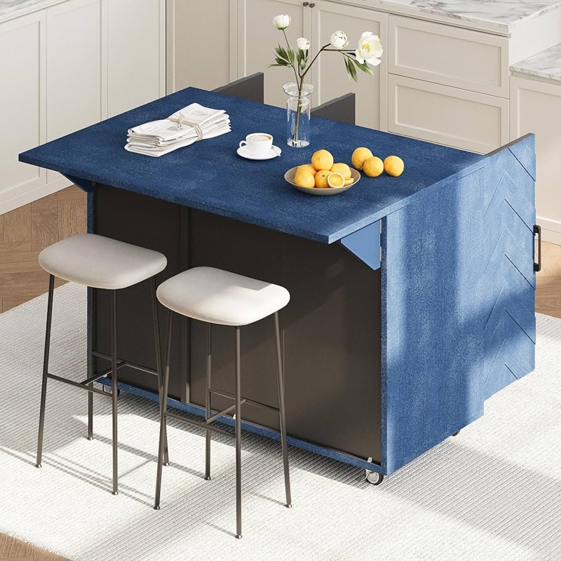 Navy Blue Kitchen Island Cart With 3D Wave Texture And Drop Leaf