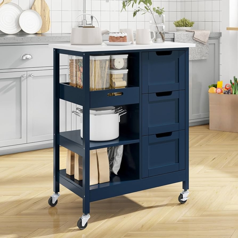 Navy Blue Kitchen Island Cart with Three Drawer Storage