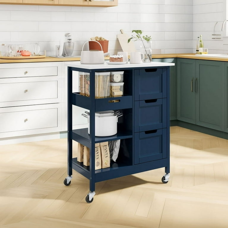 Navy Blue Kitchen Island Cart, Wood Top With Slatted Bottom Tier