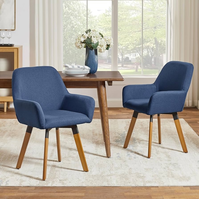 Navy Blue Linen Swivel Dining Chairs, Wood Splayed Legs Mid-Century