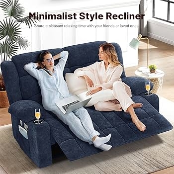 Navy Blue Loveseat Recliner with Console, Tufted Linen-Like Fabric