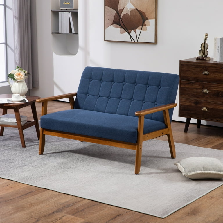 Navy Blue Mid-Century Loveseat with Button Tufted Seat