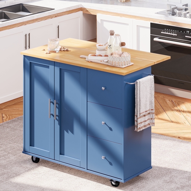 Navy Blue Rolling Microwave Utility Cart With Drop Leaf Top