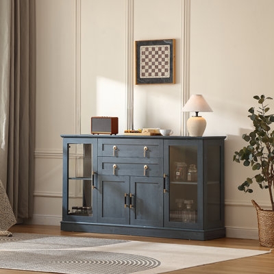 Navy Blue Sideboard Glass Front Doors Gold Knobs Transitional Style