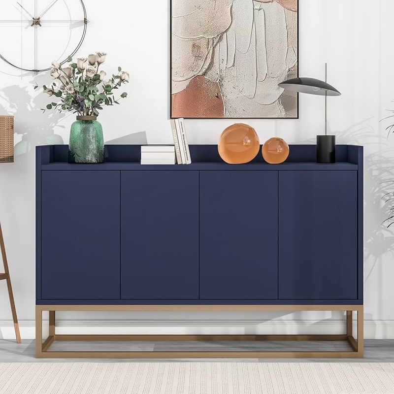 Navy Blue Sideboard with Raised Geometric Panels and Gold Metal Legs