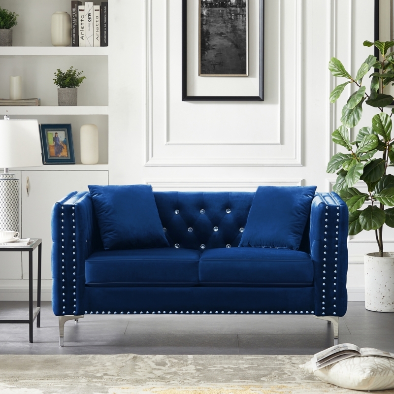 Navy Blue Velvet Chesterfield Loveseat with Nailhead Trim
