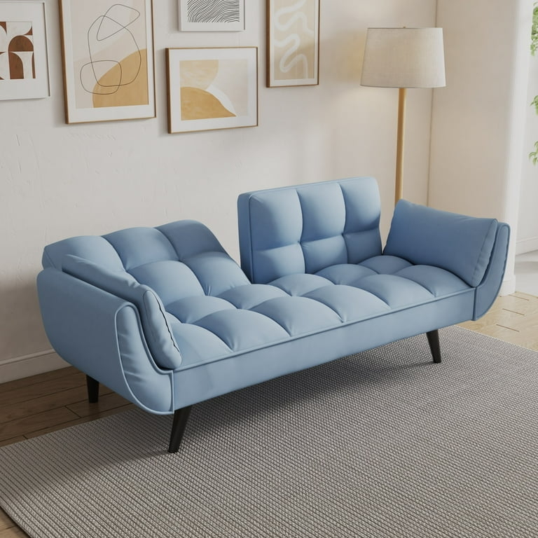 Navy Blue Velvet Futon with Curved Armrests for Minimalist Lounge Area