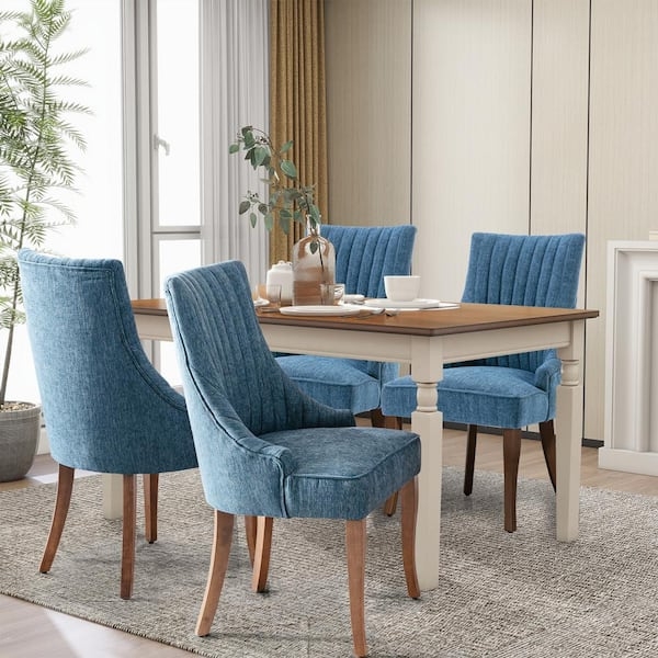 Navy Channel Tufted Dining Chairs with Tapered Wood Legs