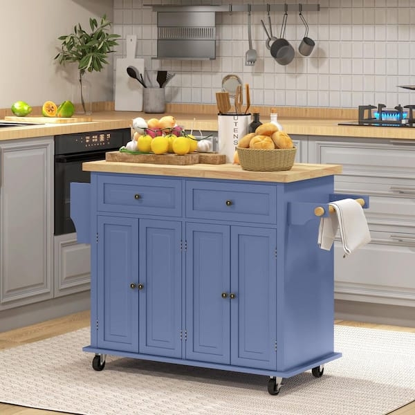 Navy Kitchen Island Cart featuring Integrated Side Racks