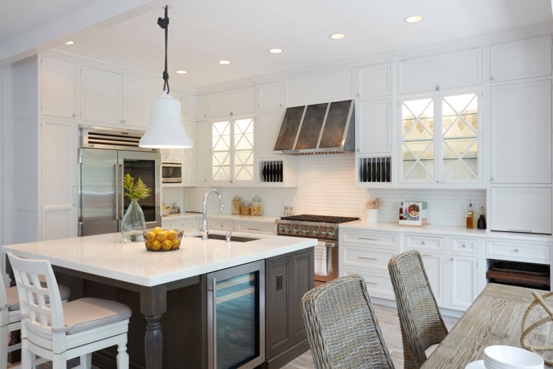 Navy Kitchen Island with Waterfall Edge and Shaker Cabinets