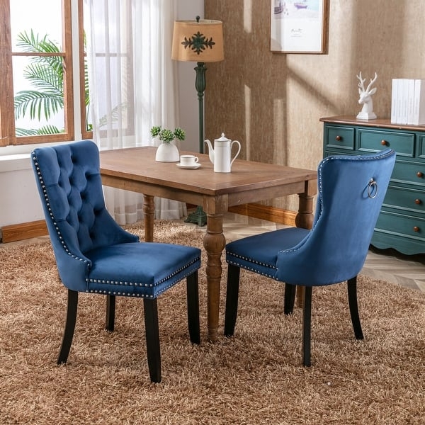 Navy Velvet Dining Chairs with Diamond Tufting and Black Tapered Legs