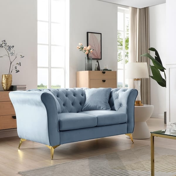 Navy Velvet Loveseat with Button Tufting, Flared Arms, Mid-Century Style