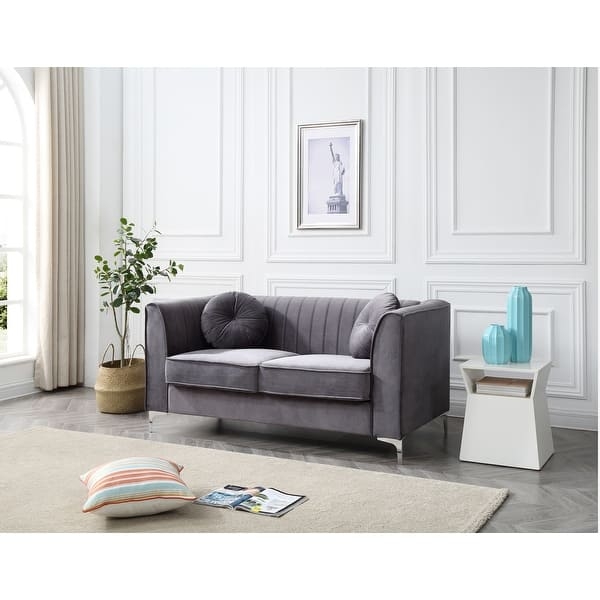 Navy Velvet Loveseat with Silver Nailhead Trim and Chrome Legs.