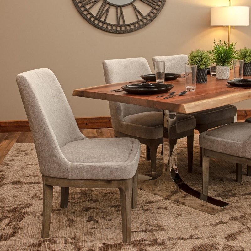 Neutral Wingback Dining Chairs High Back Dark Wood Legs Fabric Seating