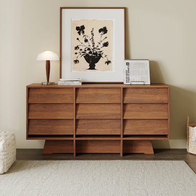 Nine Drawer Wood Sideboard with Recessed Pulls & Tapered Legs