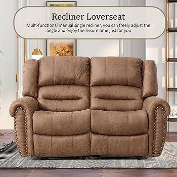 Nut Brown Manual Loveseat Recliner, Overstuffed Faux Leather Seating