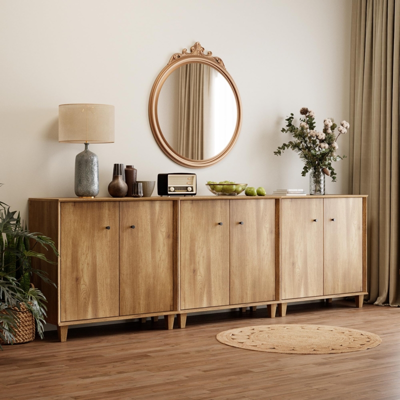 Oak Brown Fluted Sideboard with Gold Metal Legs and Slim Handles