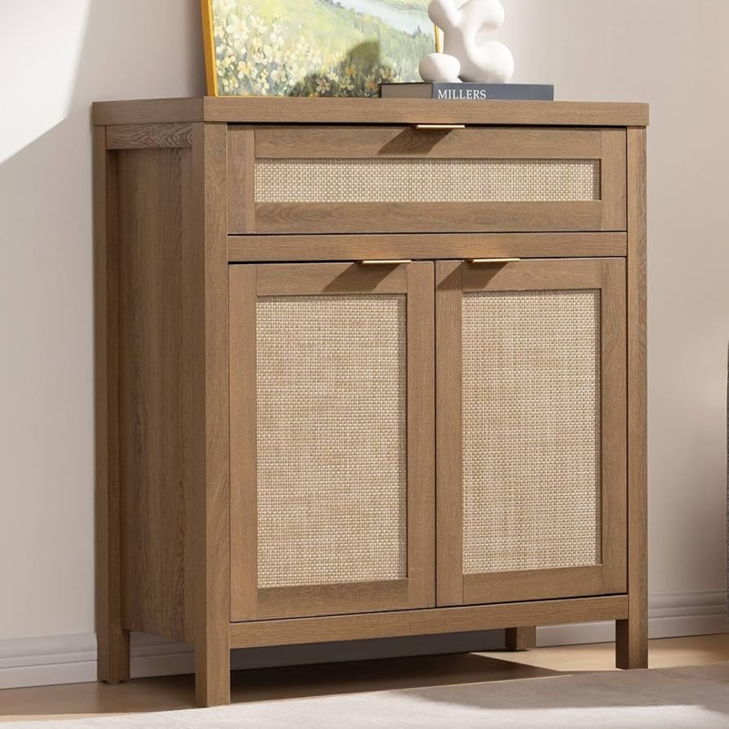 Oak Buffet Cabinet featuring Rattan Cane Doors and Tapered Legs