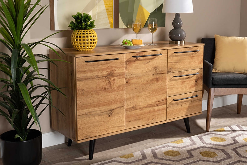 Oak Sideboard with Vertical Slat Doors and Metal Base