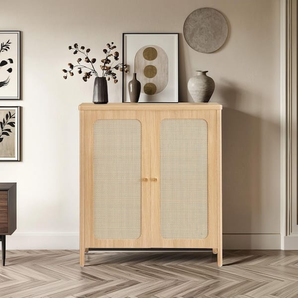Oak Wood Buffet Cabinet Styling with Three Woven Rattan Doors