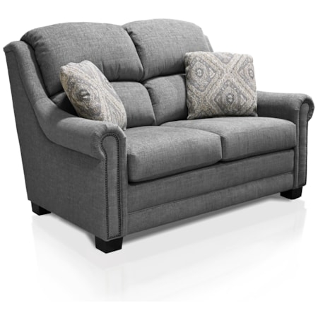 Oatmeal Fabric Loveseat with Square Arms and Blue Pillows