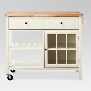 Off-White Kitchen Cart with Wood Top, Two Drawers & Open Shelf