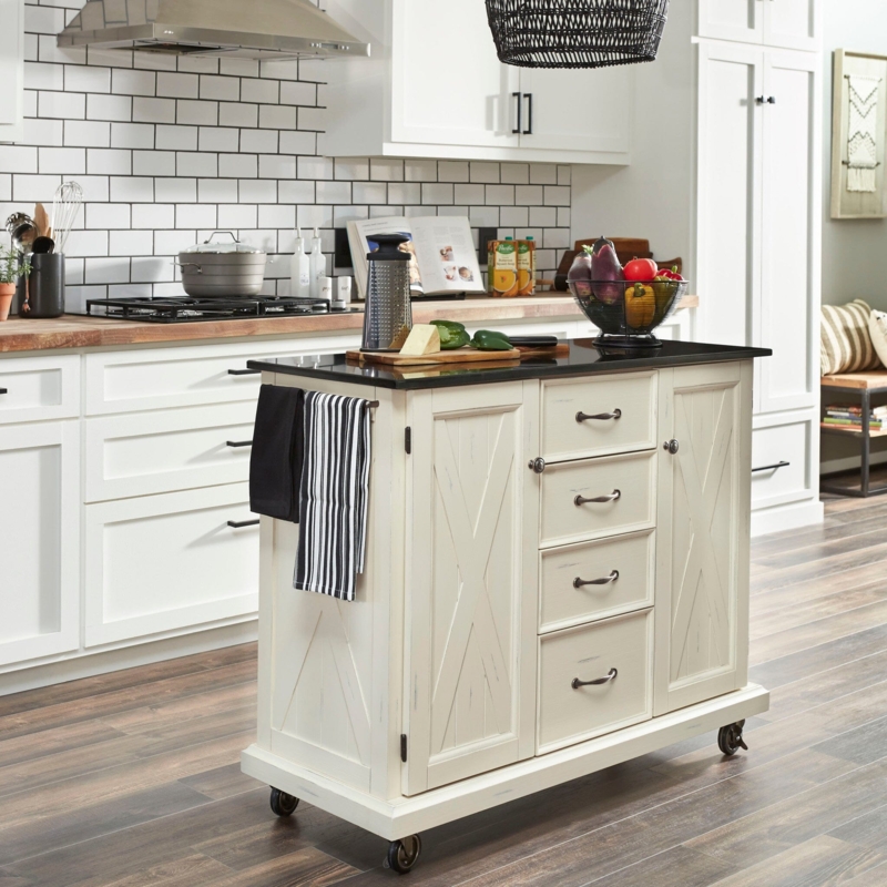 Off White Kitchen Cart Wood Toned Top Side Spice Rack Shaker Doors