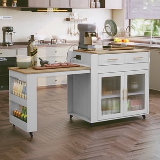 Off-White Kitchen Island with Woven Door Panels & Wood Drop Leaf