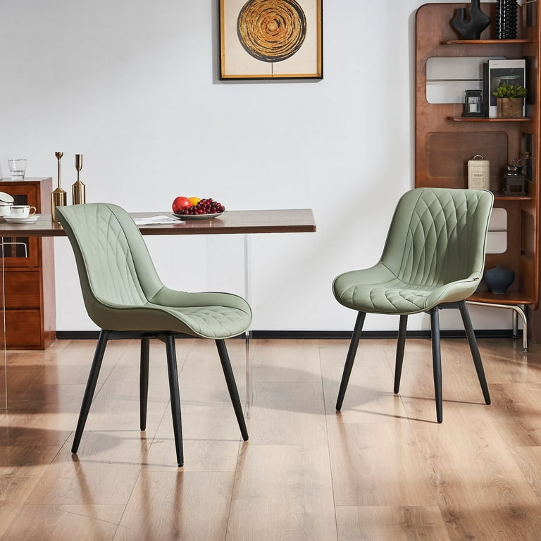 Olive Green Faux Leather Dining Chairs with Splayed Black Legs