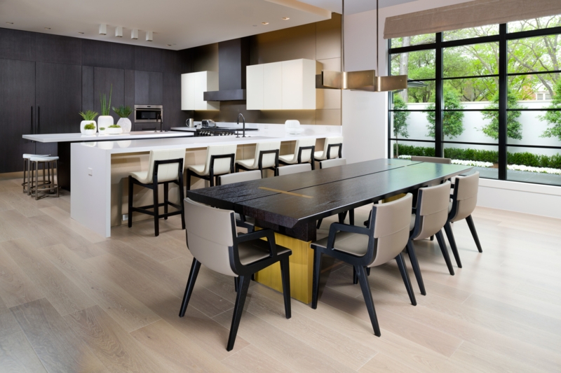 Open Concept Kitchen Dining Layout Exposed Wood Beams