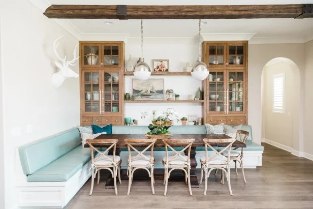 Open Plan Coastal Kitchen Navy Seating White Shaker Cabinetry