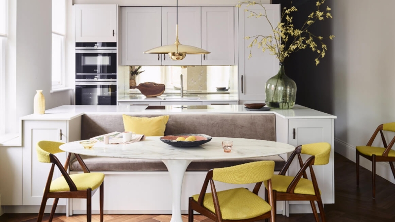 Open Plan Kitchen with Navy Cabinets and Waterfall Island