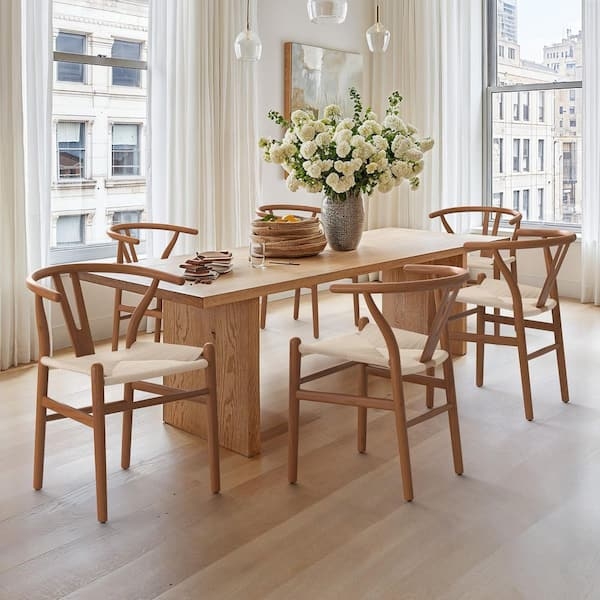 OrangeOne Wagner Brown Solid Wood Wishbone Dining Chairs with Handcrafted Woven Seat Set of 6