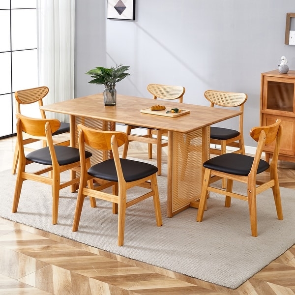 Organic Modern 7-Piece Dining Set Rattan Legs Thick Rounded Tabletop