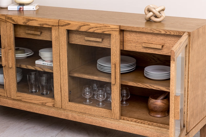 Organic Modern Credenza with Slatted Wood Doors and Stone Top