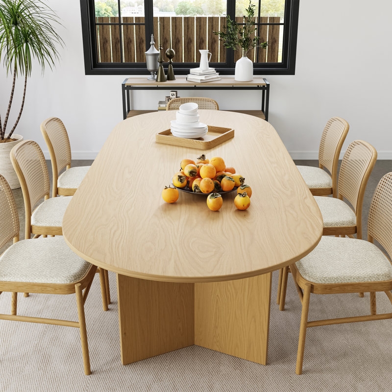 Organic Modern Dining Table Oval Natural Wood with Ribbed Pedestal Base