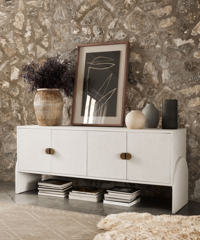 Organic Modern Ivory Sideboard with Painted Linen Texture